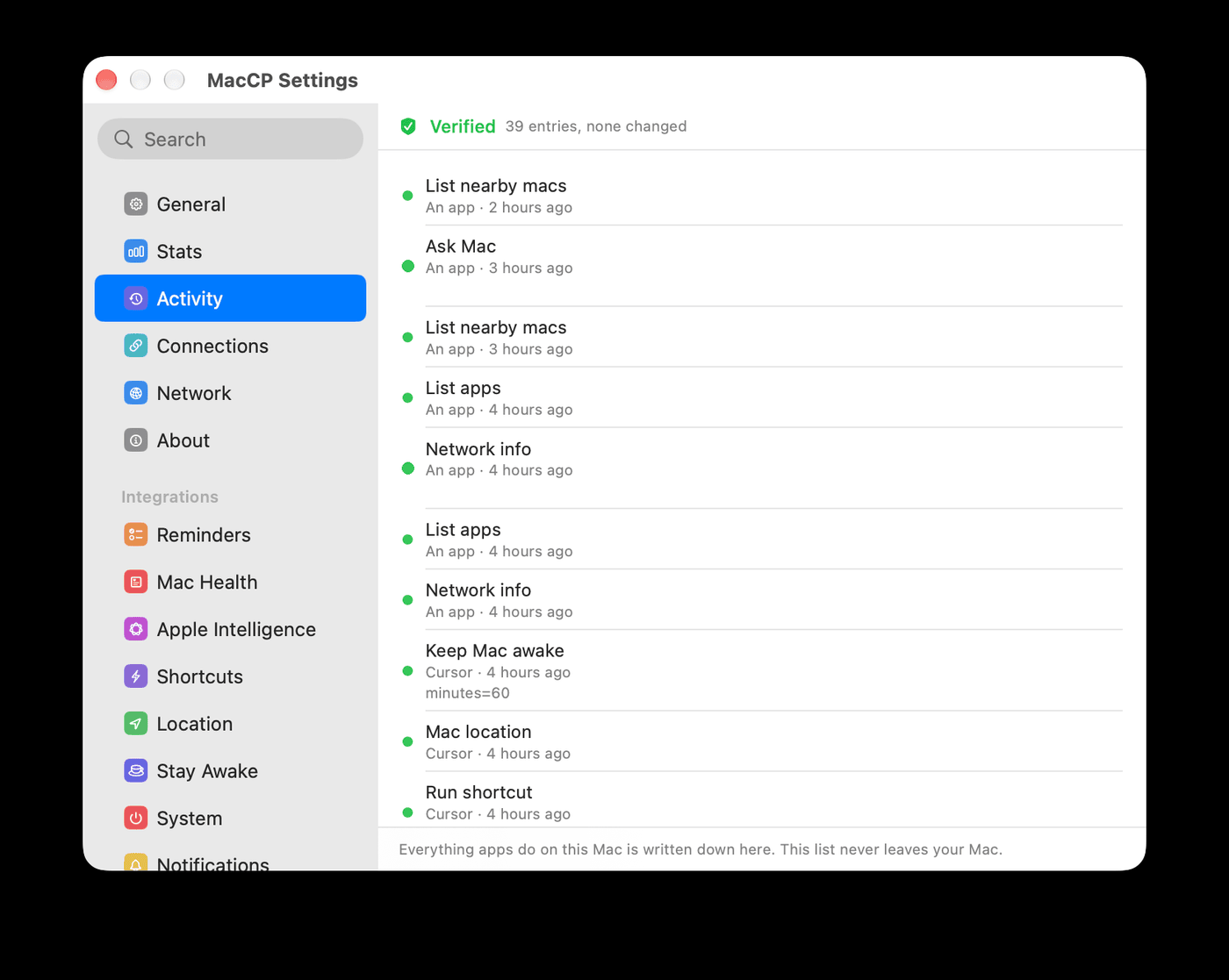 MacCP Activity screen showing a verified audit log of 39 entries, none changed, all green.