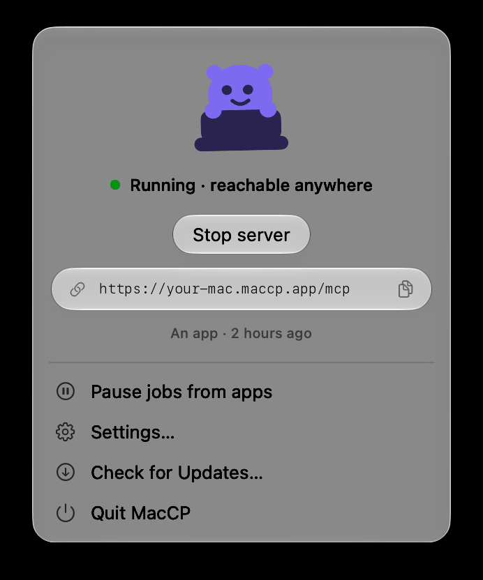 MacCP menu bar popover showing the server running and reachable anywhere, with a stop button and address.