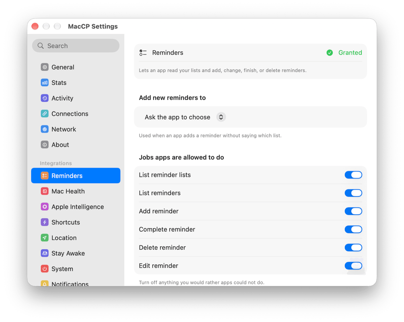 MacCP Reminders settings showing a Granted badge and per-tool on and off toggles.